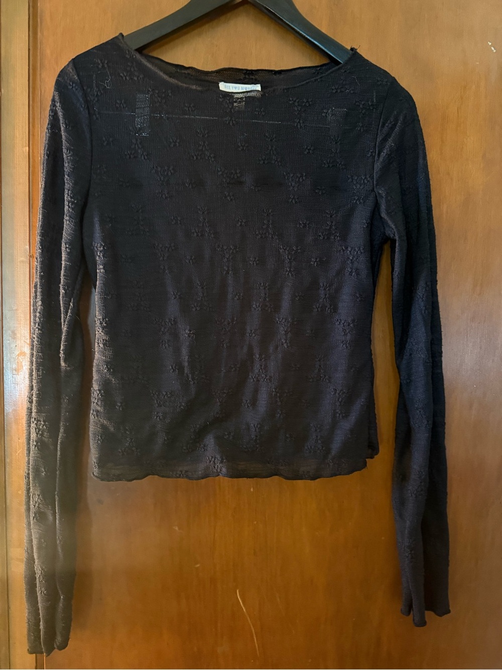 See You Monday Black Textured Lace-Detail Long Sleeve Top